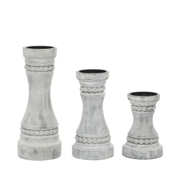 Candle Holders-Kirkland's Home Rustic Gray Carved 3-Pc. Candle Holder Set White/Gray