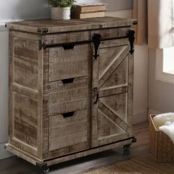 Cabinets & Sideboards-Kirkland's Home Rustic Natural Fir Wood Rolling Barn Door Cabinet Tan