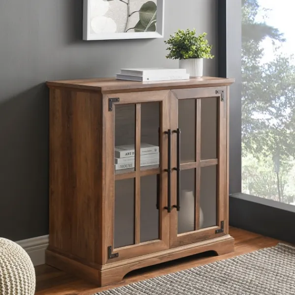 Cabinets & Sideboards-Kirkland's Home Rustic Oak Finish Window Pane Cabinet Brown