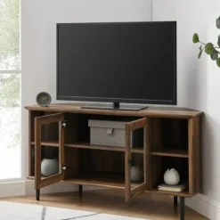 Tv Stands & Media Consoles-Kirkland's Home Rustic Oak Glass Door Corner Tv Stand Brown