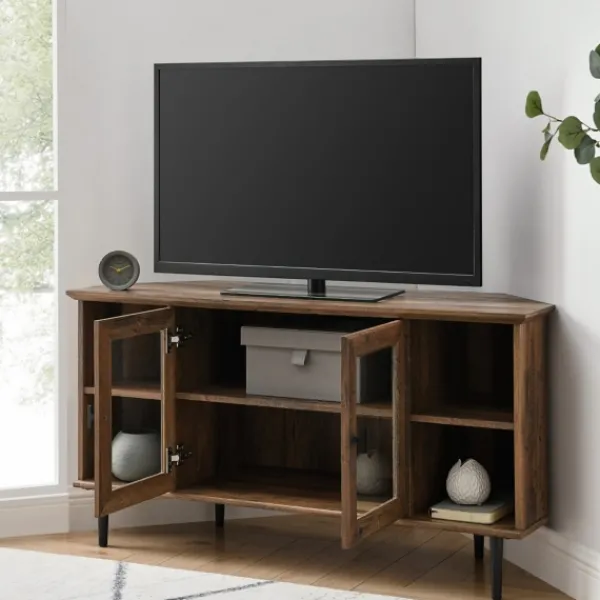 Tv Stands & Media Consoles-Kirkland's Home Rustic Oak Glass Door Corner Tv Stand Brown