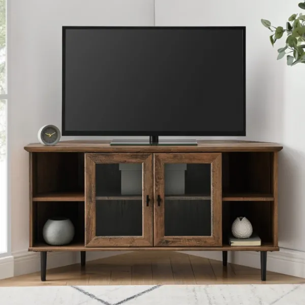 Tv Stands & Media Consoles-Kirkland's Home Rustic Oak Glass Door Corner Tv Stand Brown