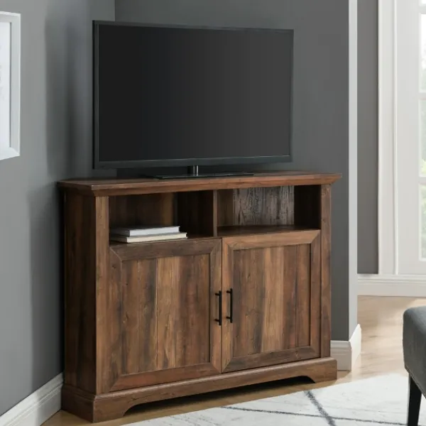 Tv Stands & Media Consoles-Kirkland's Home Rustic Oak Grooved Door Corner Tv Stand Brown