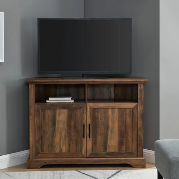 Tv Stands & Media Consoles-Kirkland's Home Rustic Oak Grooved Door Corner Tv Stand Brown