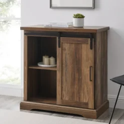 Cabinets & Sideboards-Kirkland's Home Rustic Oak Grooved Sliding Barn Door Cabinet Brown