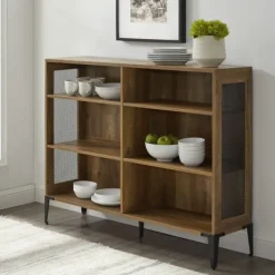 Entryway Furniture-Kirkland's Home Rustic Oak Mesh Accent Bookshelf Brown