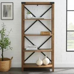 Office Furniture-Kirkland's Home Rustic Oak Metal X Frame Back Bookshelf Brown