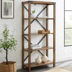 Office Furniture-Kirkland's Home Rustic Oak Metal X Frame Back Bookshelf Brown