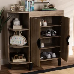Entryway Furniture-Kirkland's Home Rustic Oak Open Shoe Storage Cabinet Tan