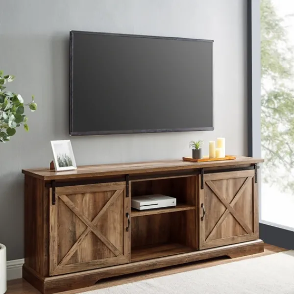 Tv Stands & Media Consoles-Kirkland's Home Rustic Oak Sliding Barn Door Tv Stand Brown
