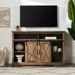 Tv Stands & Media Consoles-Kirkland's Home Rustic Oak Sliding Barn Door Highboy Tv Stand Brown