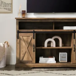Tv Stands & Media Consoles-Kirkland's Home Rustic Oak Sliding Barn Door Highboy Tv Stand Brown