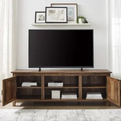Tv Stands & Media Consoles-Kirkland's Home Rustic Oak Wood Grooved Door Tv Stand Brown