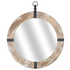 Decorative Mirrors-Kirkland's Home Rustic Round Wooden Mirror With Metal Brackets