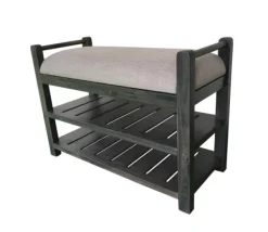 Benches & Ottomans-Kirkland's Home Rustic Slats Dark Acacia Wood Upholstered Bench Gray