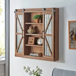Cabinets & Sideboards-Kirkland's Home Rustic Walnut Sliding Metal Door Cabinet Brown