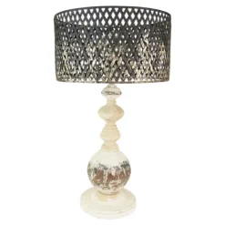 Table Lamps-Kirkland's Home Rustic White Table Lamp With Woven Metal Shade Brown