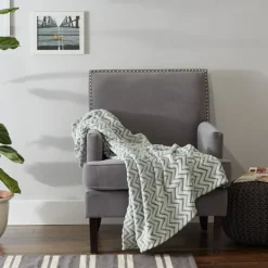 Blankets & Throws-Kirkland's Home Sage Chevron Plush Throw Green