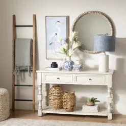 Console Tables-Kirkland's Home Savannah Cream Distressed Console Table Ivory