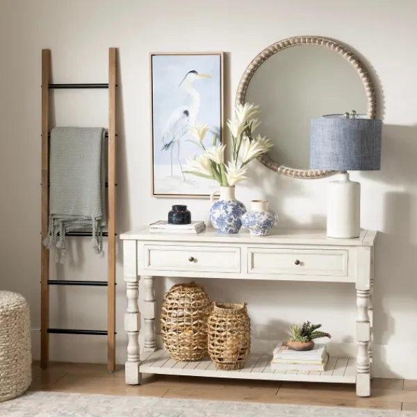 Console Tables-Kirkland's Home Savannah Cream Distressed Console Table Ivory