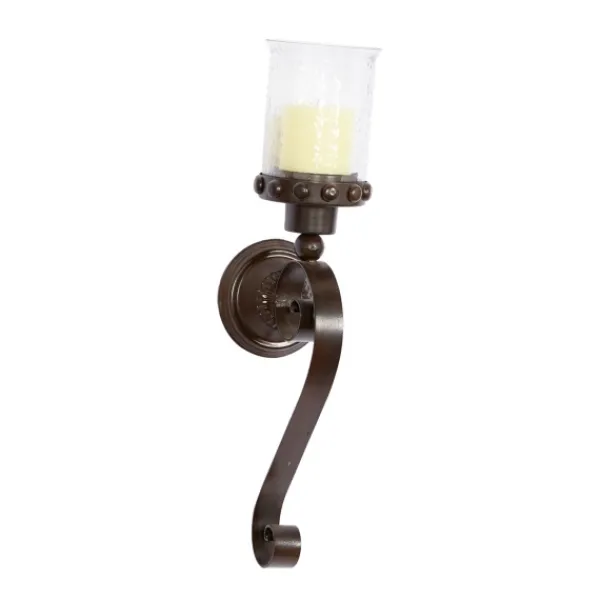 Sconces-Kirkland's Home Scrolled Wrought Iron And Glass Hurricane Sconce