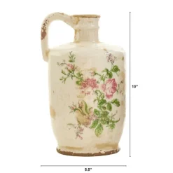 Vases-Kirkland's Home Shabby Chic Ivory Floral Pitcher Vase Ivory/Pink/Green