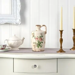 Vases-Kirkland's Home Shabby Chic Ivory Floral Pitcher Vase Ivory/Pink/Green