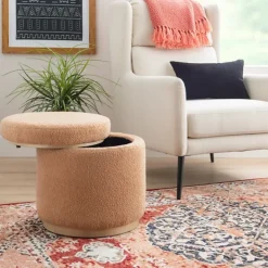 Benches & Ottomans-Kirkland's Home Sherpa Upholstered Storage Ottoman Tan