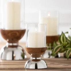 Candle Holders-Kirkland's Home Silver And Wood Pillar Candle Holders, Set Of 3 Silver/Brown