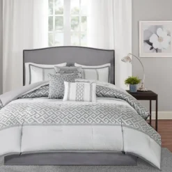 Comforters-Kirkland's Home Silver Geometric Stripes 7-Pc. Queen Comforter Set Silver/White