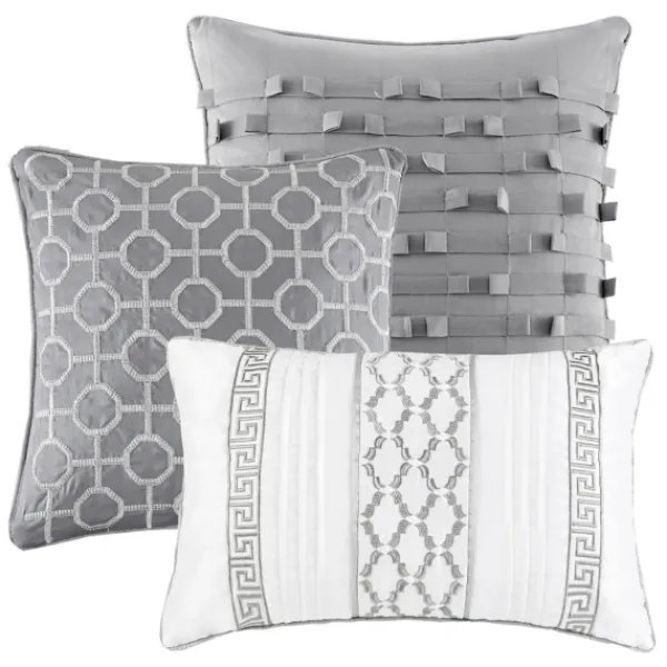 Comforters-Kirkland's Home Silver Geometric Stripes 7-Pc. Queen Comforter Set Silver/White