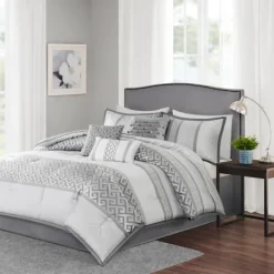 Comforters-Kirkland's Home Silver Geometric Stripes 7-Pc. King Comforter Set Silver/White