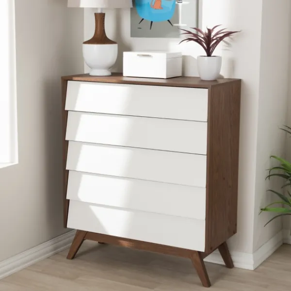 Dressers & Chests-Kirkland's Home Slant Two-Tone Walnut 5-Drawer Chest