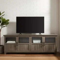 Tv Stands & Media Consoles-Kirkland's Home Slate Glass Paneled Door Tv Stand Gray