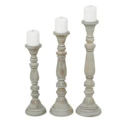 Candle Holders-Kirkland's Home Slate Rustic Mango Wood 3-Pc. Candle Holder Set Gray