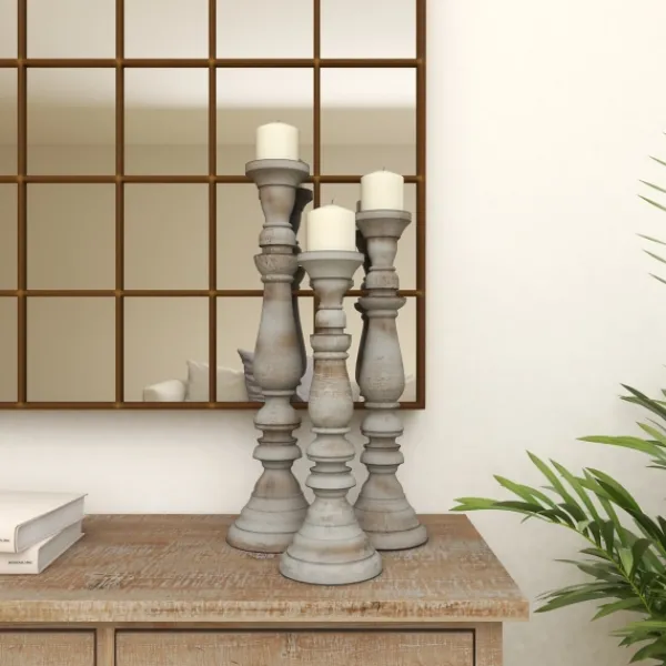 Candle Holders-Kirkland's Home Slate Rustic Mango Wood 3-Pc. Candle Holder Set Gray