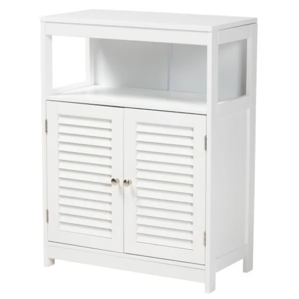 Bathroom Furniture-Kirkland's Home Slatted Wood Bathroom Cabinet White