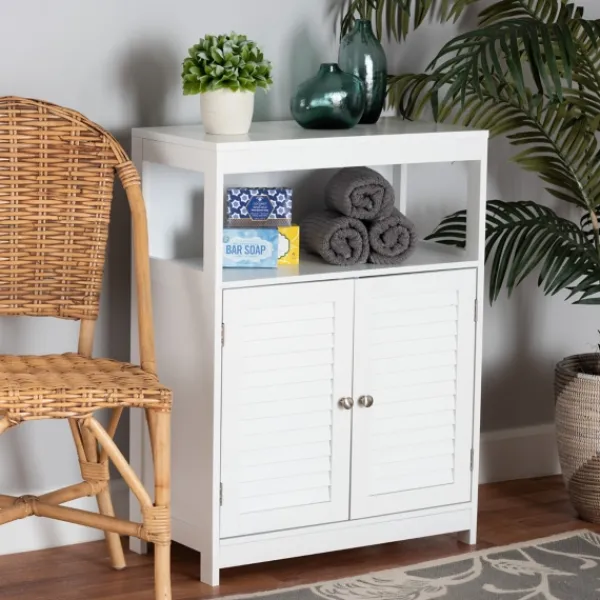 Bathroom Furniture-Kirkland's Home Slatted Wood Bathroom Cabinet White