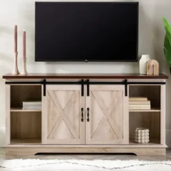 Tv Stands & Media Consoles-Kirkland's Home Sliding Barn Door Open Shelf White Tv Stand Ivory