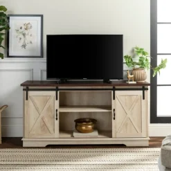Tv Stands & Media Consoles-Kirkland's Home Sliding Barn Door Open Shelf White Tv Stand Ivory