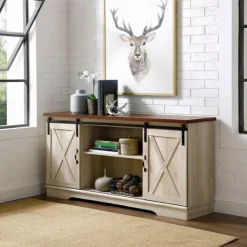 Tv Stands & Media Consoles-Kirkland's Home Sliding Barn Door Open Shelf White Tv Stand Ivory