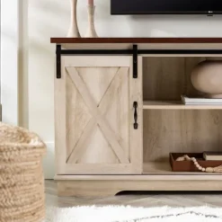 Tv Stands & Media Consoles-Kirkland's Home Sliding Barn Door Open Shelf White Tv Stand Ivory