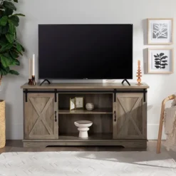 Tv Stands & Media Consoles-Kirkland's Home Sliding Barn Door Open Shelf Wash Tv Stand Gray