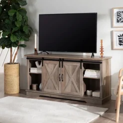 Tv Stands & Media Consoles-Kirkland's Home Sliding Barn Door Open Shelf Wash Tv Stand Gray