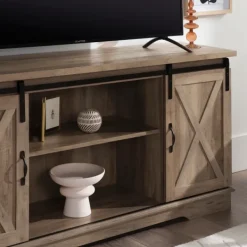 Tv Stands & Media Consoles-Kirkland's Home Sliding Barn Door Open Shelf Wash Tv Stand Gray