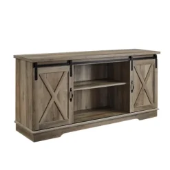 Tv Stands & Media Consoles-Kirkland's Home Sliding Barn Door Open Shelf Wash Tv Stand Gray