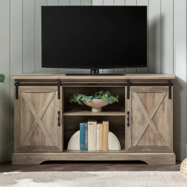 Tv Stands & Media Consoles-Kirkland's Home Sliding Barn Doors Corner Tv Stand Gray