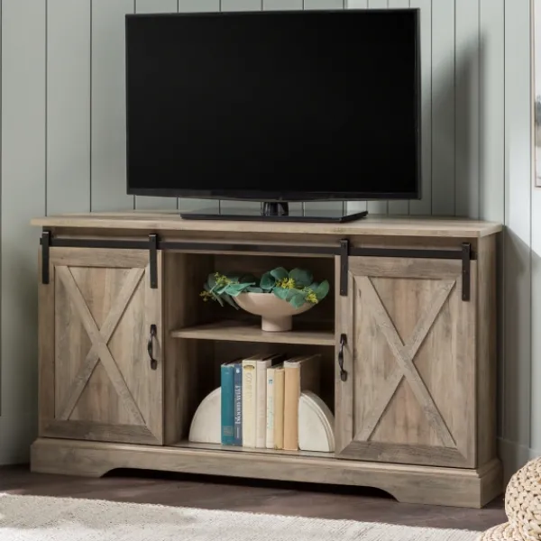 Tv Stands & Media Consoles-Kirkland's Home Sliding Barn Doors Corner Tv Stand Gray