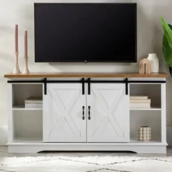 Tv Stands & Media Consoles-Kirkland's Home Sliding Door Rustic Oak Top Tv Stand White