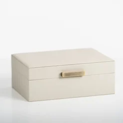 Baskets & Boxes-Kirkland's Home Small Beige Leather Brass Handle Box Ivory